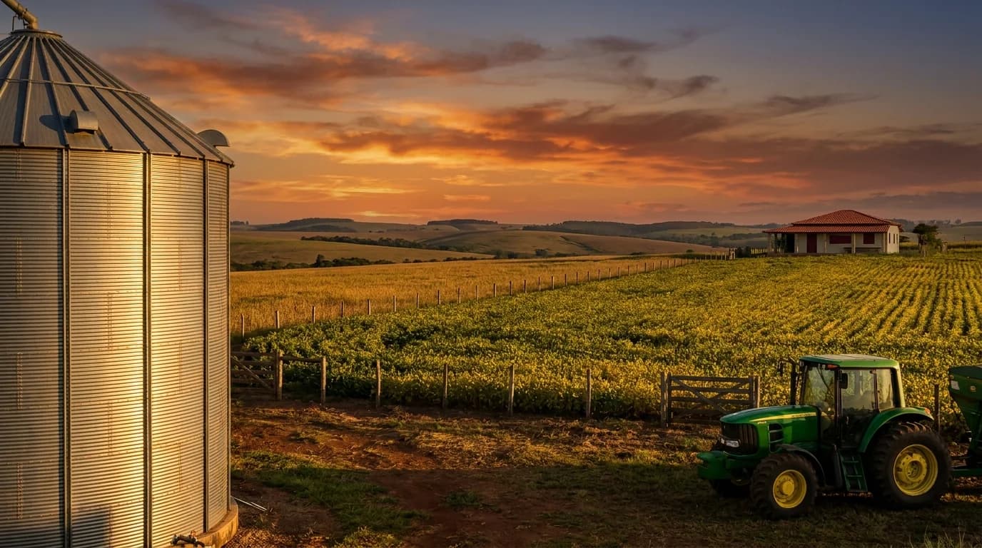 Fazenda rural premium dos Campos Gerais com silo de grãos, campo de soja madura e trator no entardecer dourado - blindagem patrimonial Grik Contabilidade Castro PR