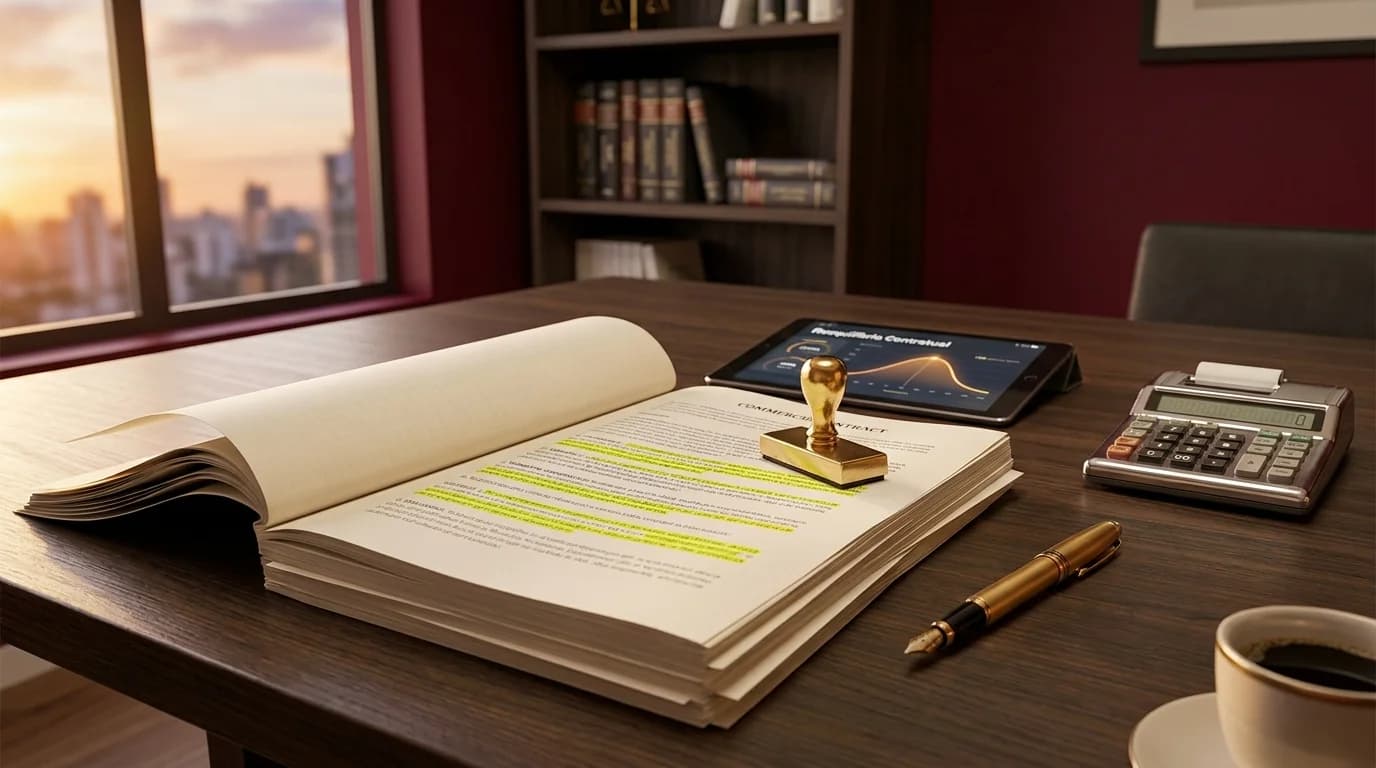 Mesa de reunião jurídico-contábil premium com pilha de contratos, carimbo dourado, caneta-tinteiro e tablet de reequilíbrio - Grik Contabilidade Ponta Grossa PR