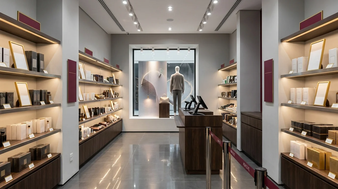 Interior de loja de varejo premium com prateleiras iluminadas, balcão de PDV em madeira escura e vitrine ao fundo - contabilidade de varejo Grik Contabilidade Ponta Grossa PR
