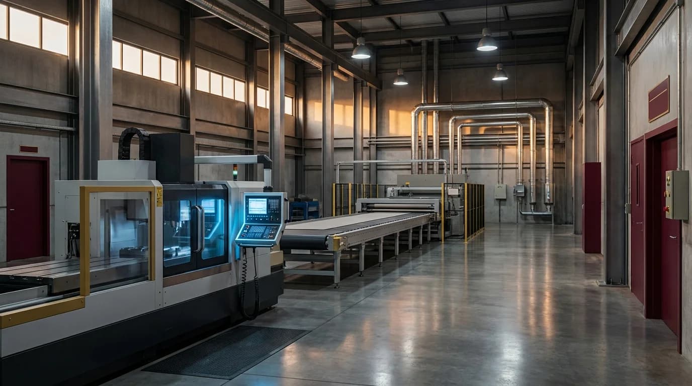 Chão de fábrica industrial premium com máquina CNC, painel de controle iluminado e linha de produção em operação - contabilidade industrial Grik Castro PR