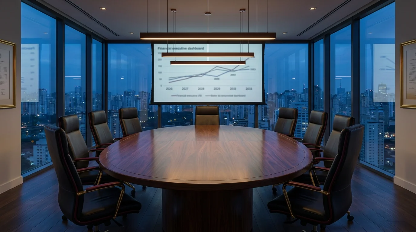 Sala de reunião executiva C-level noturna com mesa oval de madeira nobre, tela de projeção exibindo dashboard 2026 a 2033 e skyline noturno ao fundo - planejamento tributário preditivo Grik Contabilidade Ponta Grossa PR