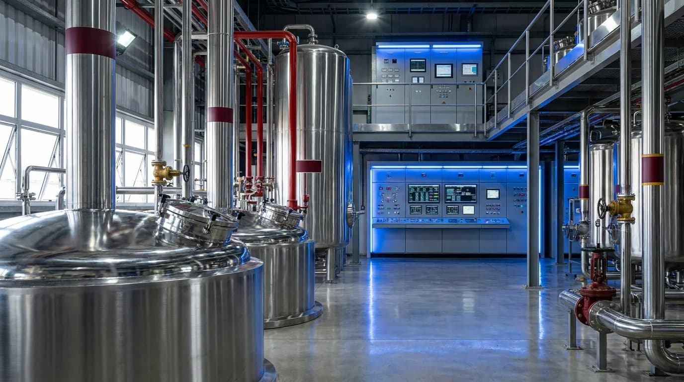 Planta industrial química com tanques cromados, pipelines vermelhos e painel de controle iluminado - Grik Contabilidade Ponta Grossa PR Planta industrial química com tanques cromados, pipelines vermelhos e painel de controle iluminado - Grik Contabilidade Ponta Grossa PR