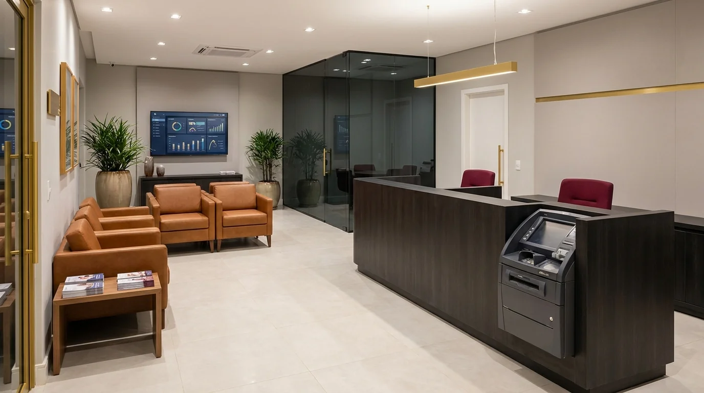 Interior de agência de cooperativa de crédito premium com balcão de atendimento em madeira escura, poltronas de couro cognac e ambiente sereno - contabilidade cooperativa Grik Castro PR