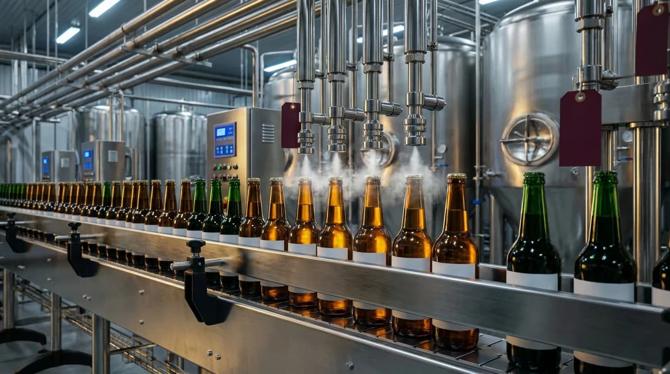 Linha de engarrafamento industrial com garrafas âmbar em movimento na esteira e tanques de fermentação ao fundo - Grik Contabilidade Castro PR