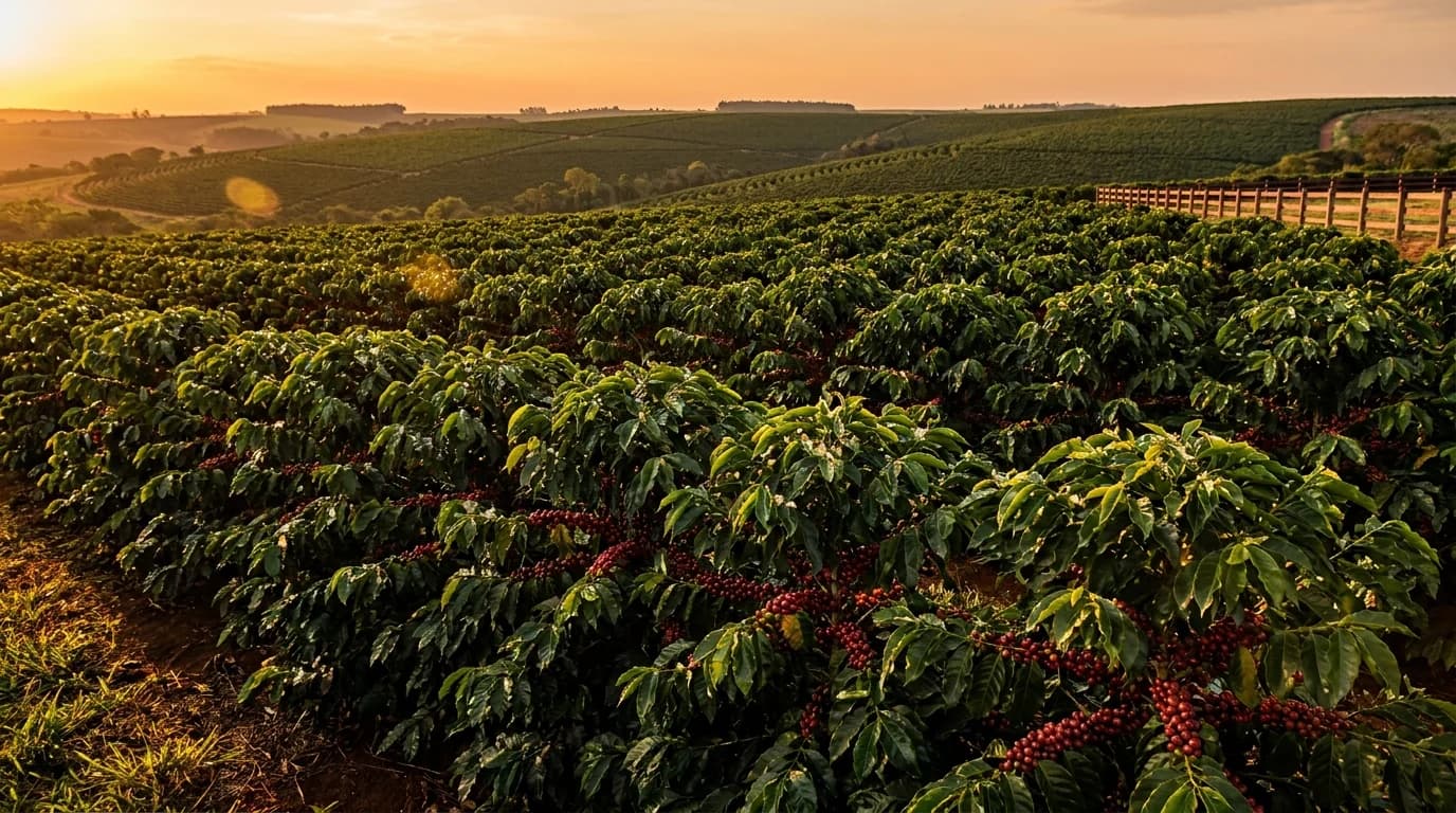 Plantação de café premium do Brasil com grãos maduros vermelhos e colinas ao entardecer dourado - Grik Contabilidade Castro PR