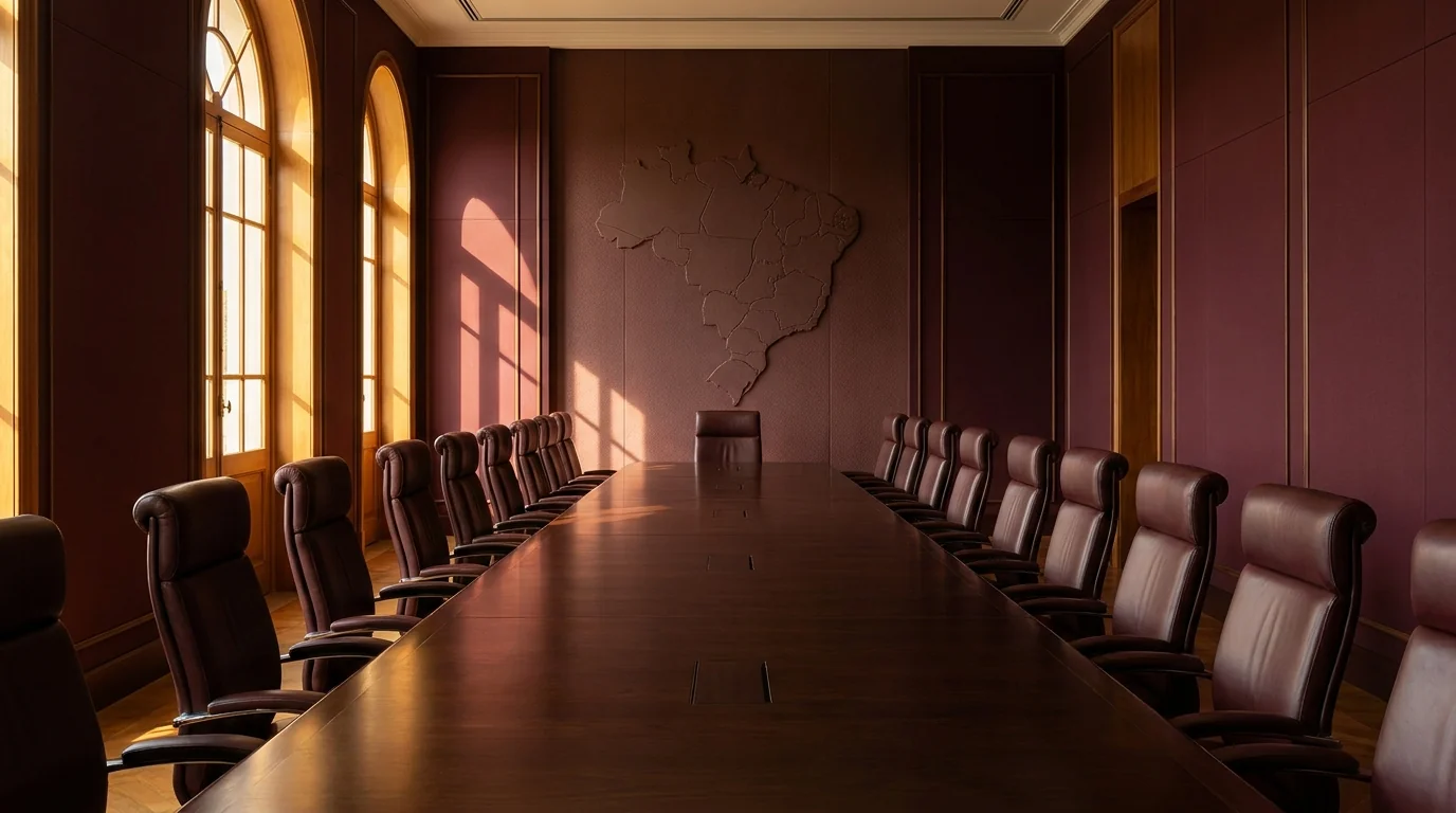 Sala de reunião de governança federativa com mesa longa e mapa do Brasil ao fundo, representando o Comitê Gestor do IBS - Grik Contabilidade Castro PR