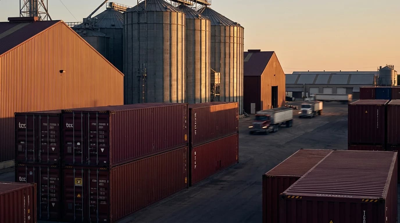 Pátio de cooperativa agrícola exportadora com silos e contêineres de exportação sob a Reforma Tributária - Grik Contabilidade Castro PR