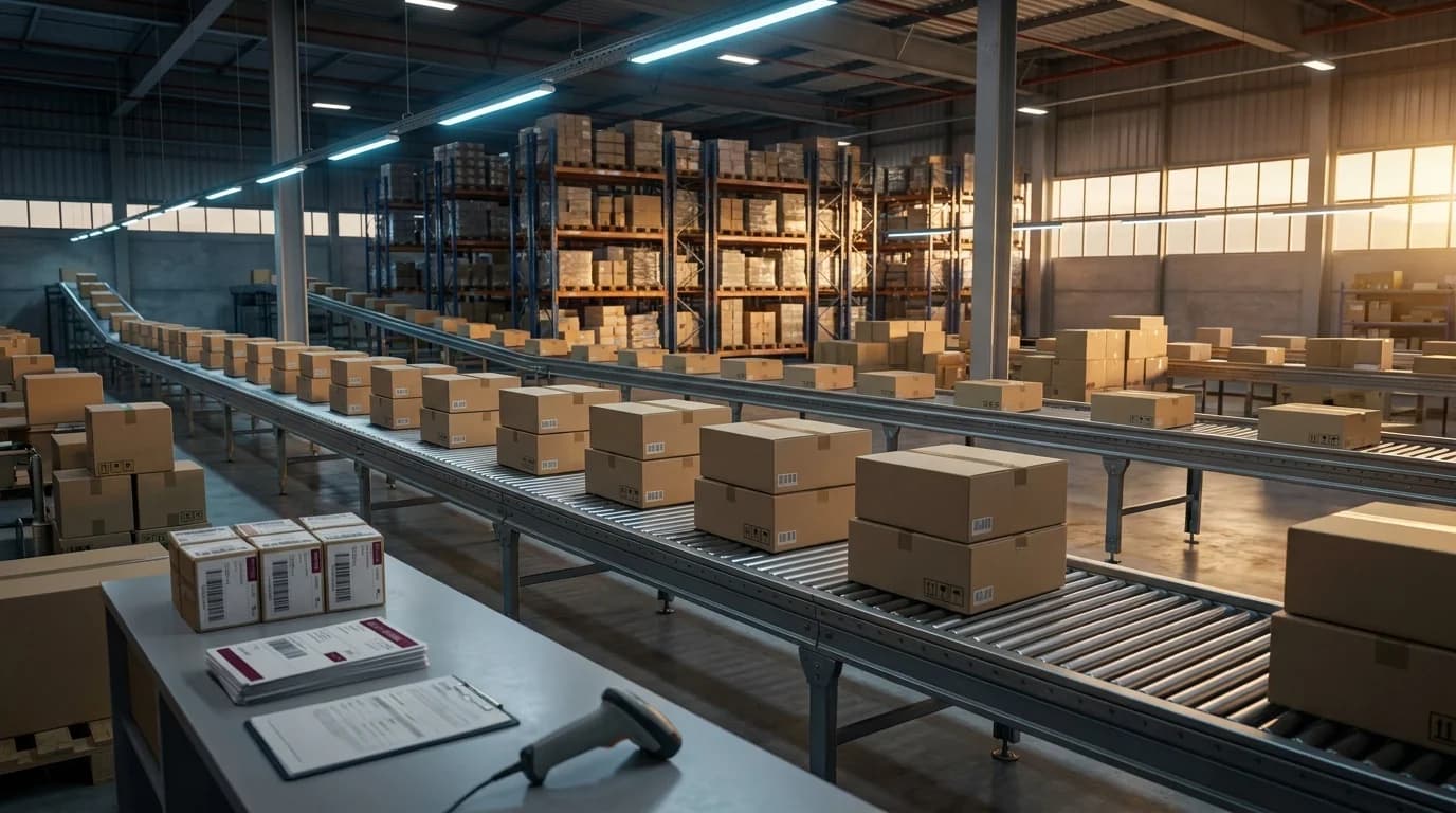 Interior de armazém e-commerce moderno com esteiras transportadoras, caixas empilhadas e terminal de expedição - Grik Contabilidade Castro PR