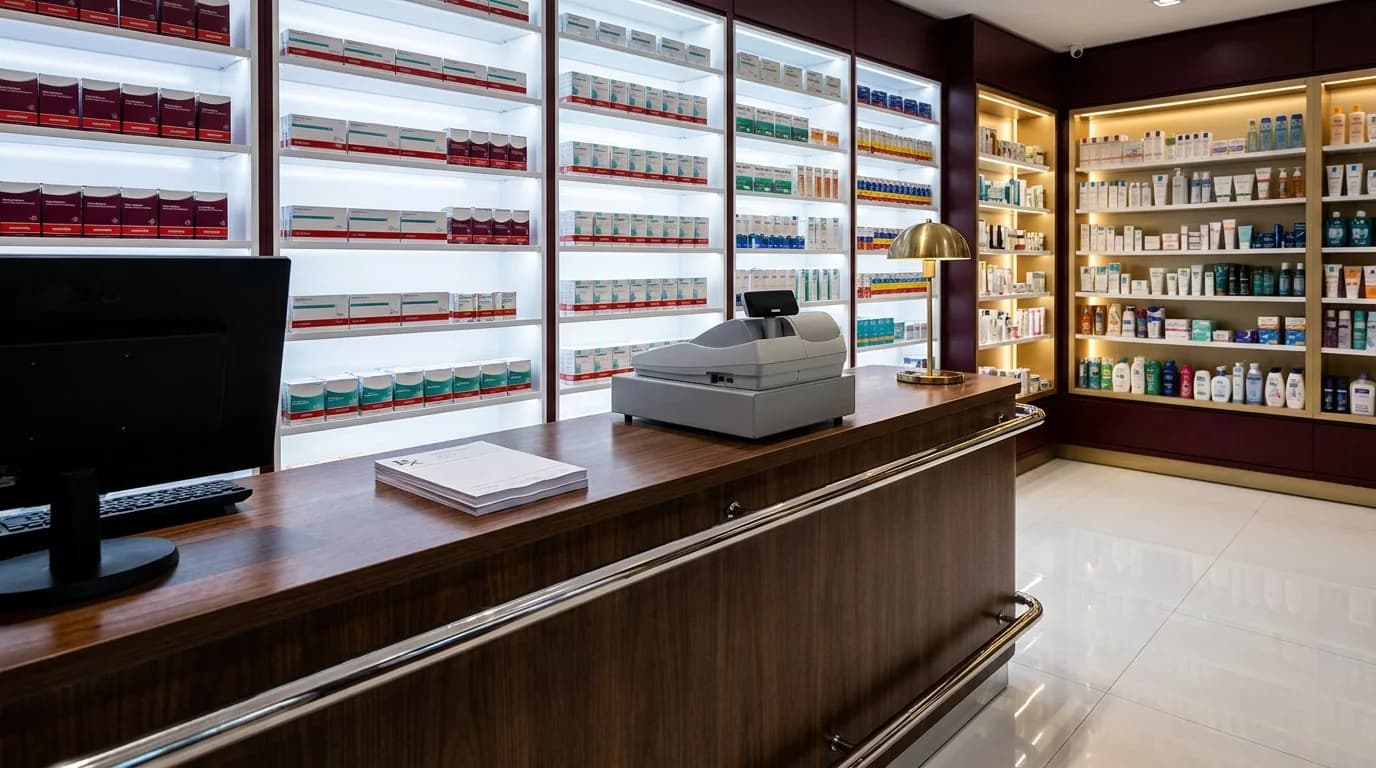 Interior de farmácia premium com balcão de dispensação, monitor de sistema e prateleiras iluminadas ao fundo - Grik Contabilidade Castro PR