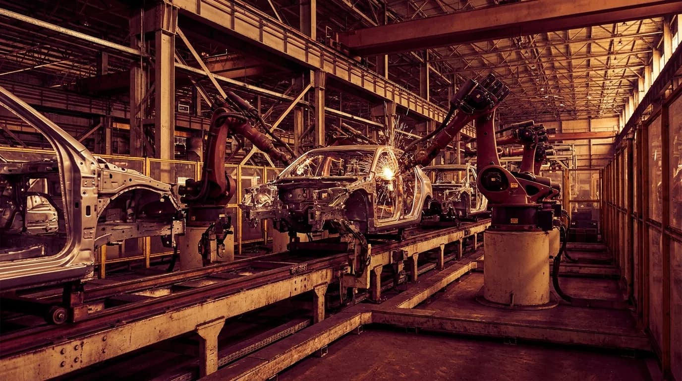 Linha de montagem automotiva industrial com robôs e chassis de aço sob a Reforma Tributária - Grik Contabilidade Castro PR