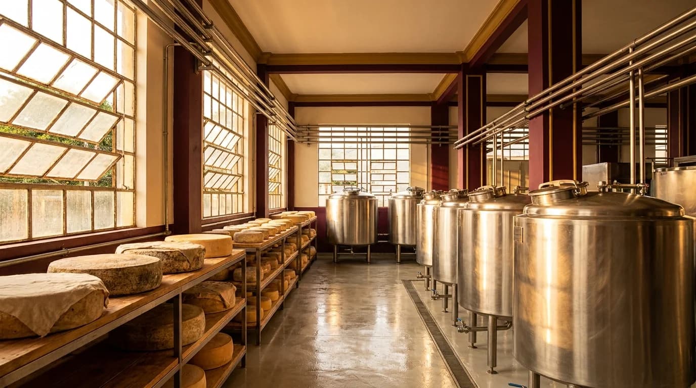 Interior de laticínio com tanques de inox e prateleiras de maturação de queijos sob a Reforma Tributária - Grik Contabilidade Castro PR